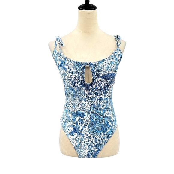 Berlook Other - Berlook NWT Sz L Blue Retro Floral Drawstring Ruched Keyhole One-Piece Swimsuit